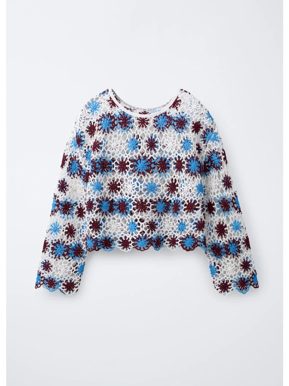 Zara White Crochet Floral Lace Crop Top with Blue & Burgundy Accents